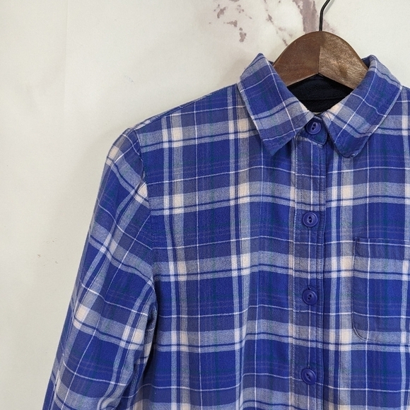 LL Bean Shirt Jacket Size XS Women Purple Plaid Fleece Lined Shacket Oversized - Picture 2 of 14